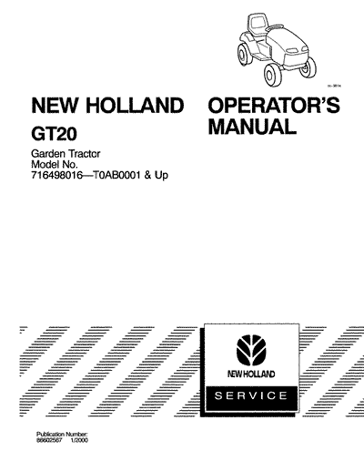 New Holland GT20 Garden Tractor Operator’s Manual 86602567