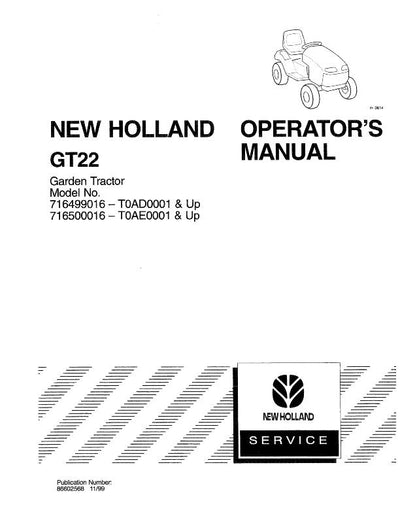 New Holland GT22 Garden Tractor Operator’s Manual 86602568