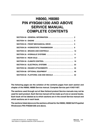 New Holland H8060, H8080 Self-Propelled Windrower Service Repair Manual 84211407 New Holland H8060, H8080 Self-Propelled Windrower Service Repair Manual 84211407
