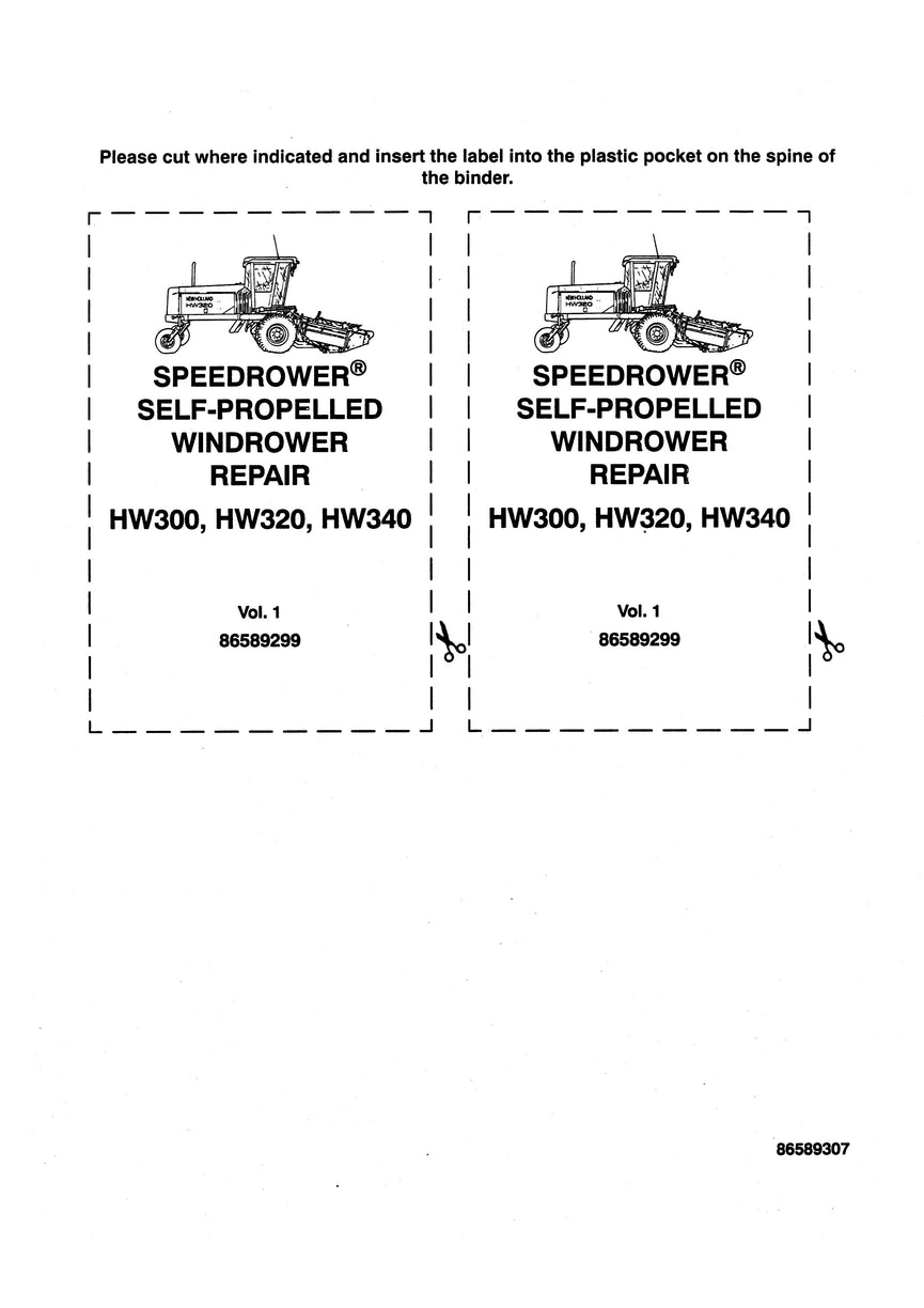 New Holland HW300, HW320, HW340 Speedrower Self-Propelled Windrower Service Repair Manual 86589299