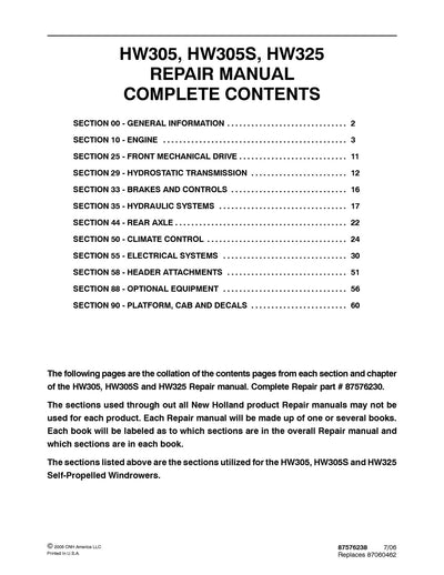 New Holland HW305 HW305S HW325 Self-Propelled Windrowers Service Repair Manual 87576230