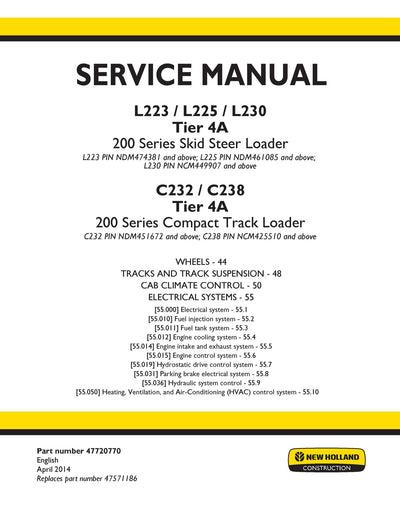 New Holland L223, L225, L230 Tier 4A 200 Series Skid Steer Loader Service Repair Manual 47720770