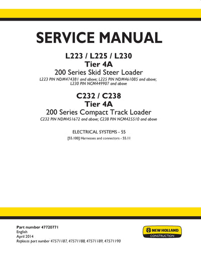 New Holland L223, L225, L230 Tier 4A 200 Series Skid Steer Loader Service Repair Manual 47720771