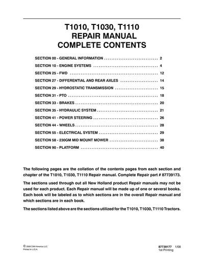 New Holland T1010 T1030 T1110 Tractor Service Repair Manual 87739173