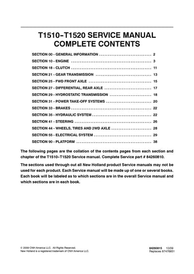 New Holland T1510 T1520 Tractor Service Repair Manual 84260810
