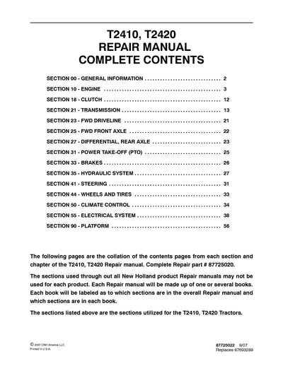 New Holland T2410 T2420 Tractor Service Repair Manual 87725020
