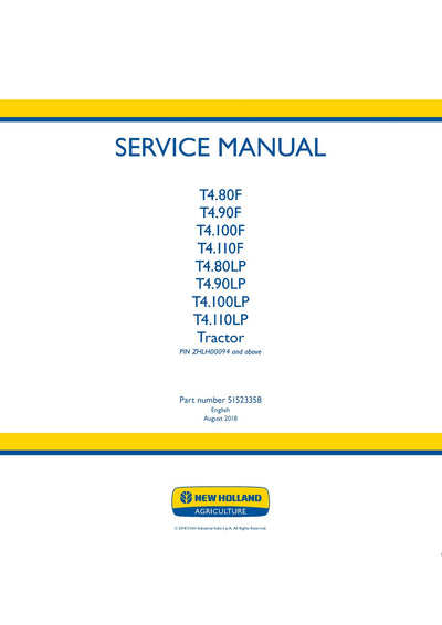 New Holland T4.80V T4.90V T4.100V T4.110V T4.80N T4.90N T4.100N T4.110N Tractor Service Repair Manual 51523366