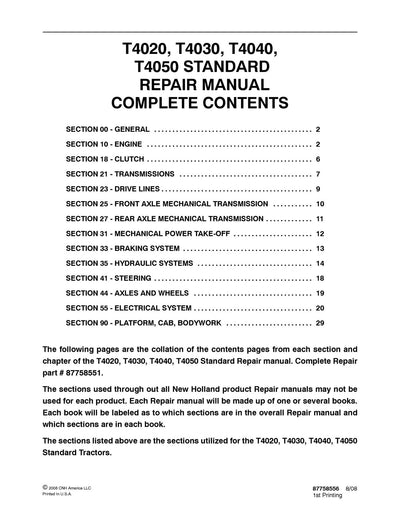 New Holland T4020 T4030 T4040 T4050 STANDARD Tractor Service Repair Manual 87758551
