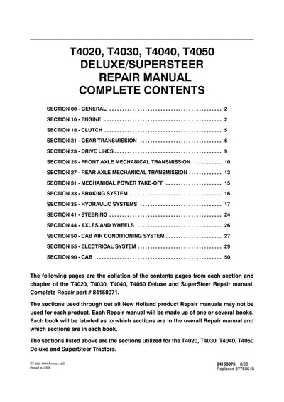 New Holland T4020 T4030 T4040 T4050 Tractor Service Repair Manual 84158071