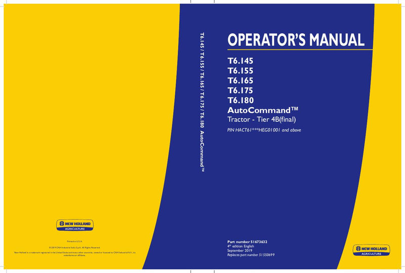 New Holland T6.145 T6.155 T6.165 T6.175 T6. 180 AutoCommand Tractor Tier 4B (final) Operator's Manual 51673632 