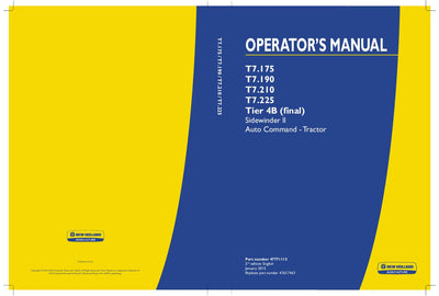 New Holland T7.175 T7.190 T7.210 T7.225 Tier 4B (final) Sidewinder ll Auto Command Tractor Operator's Manual 47771112