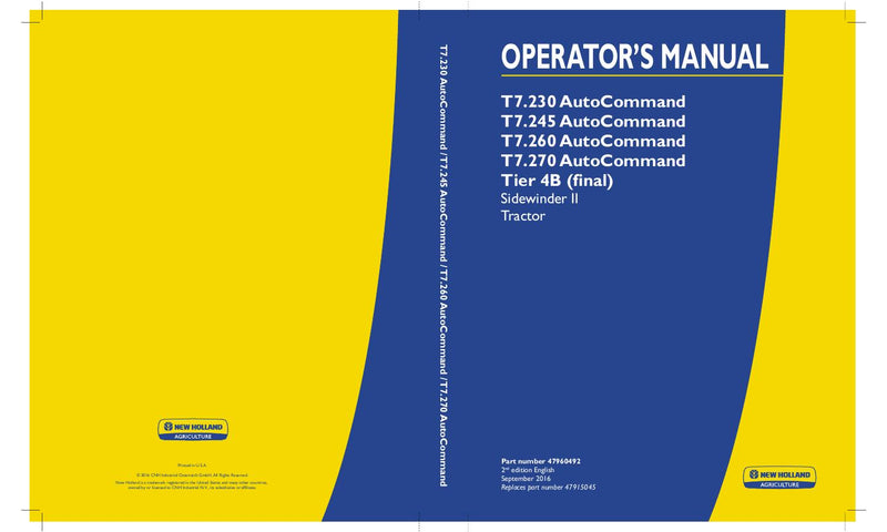 New Holland T7.230 T7.245 T7.260 T7.270 AutoCommand Tier 4B (final) Sidewinder II Tractor Operator's Manual 47960492