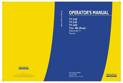 New Holland T7.230 T7.245 T7.260 Tier 4B (final) Sidewinder II Tractor Operator's Manual 47960461