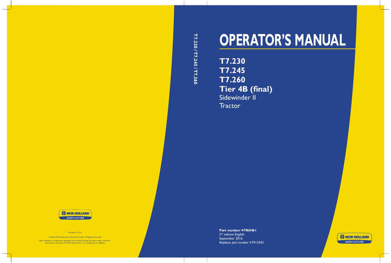 New Holland T7.230 T7.245 T7.260 Tier 4B (final) Sidewinder II Tractor Operator's Manual 47960461
