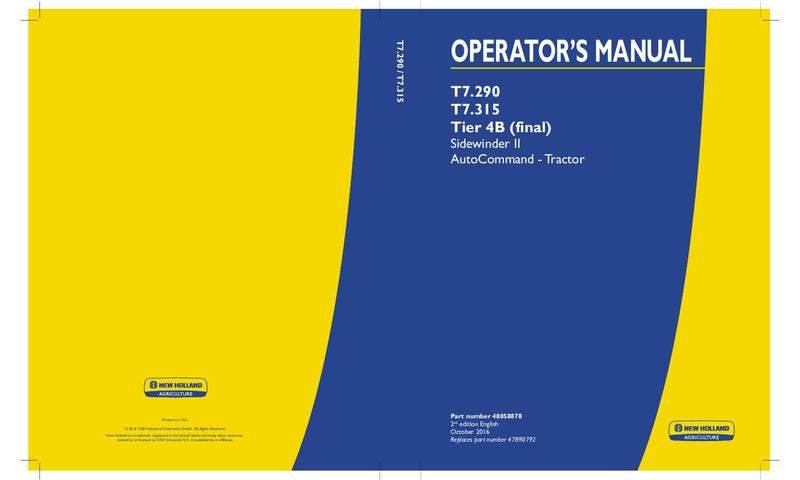 New Holland T7.290 T7.315 Tier 4B (final) Sidewinder II AutoCommand Tractor Operator's Manual 48058878