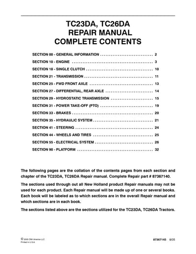 New Holland TC23DA TC26DA Tractor Service Repair Manual 87367140