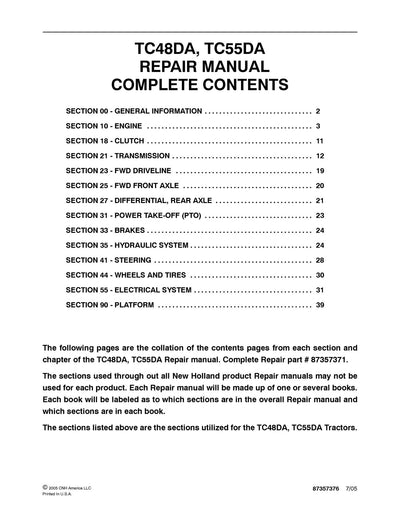 New Holland TC48DA TC55DA Tractor Service Repair Manual 87357371