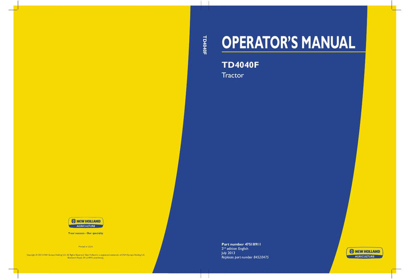 New Holland TD4040F Tractor Operator's Manual's 47518911