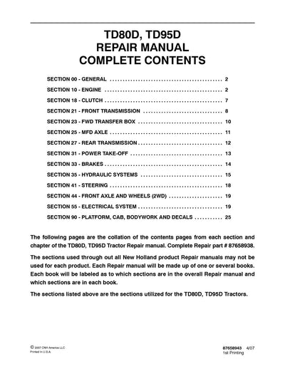 New Holland TD80D TD95D Tractor Service Repair Manual 87658938