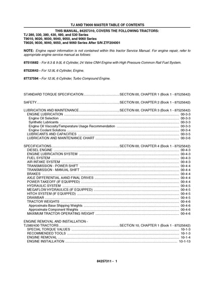 New Holland TJ280 TJ330 TJ380 TJ430 TJ480 TJ530 T9010 T9020 T9030 T9040 T9050 T9060 Series Tractor Service Repair Manual 84257310