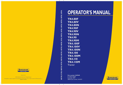 New Holland TK4.80F TK4.80V TK4.80N TK4.100 TK4.100M Tractor Operator's Manual 51699369