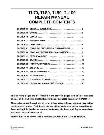 New Holland TL70 TL80 TL90 TL100 Tractor Service Repair Manual 87043516