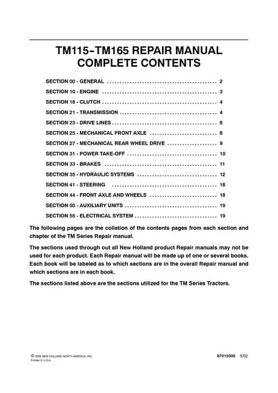 New Holland TM115 TM165 Tractor Service Repair Manual 87015498