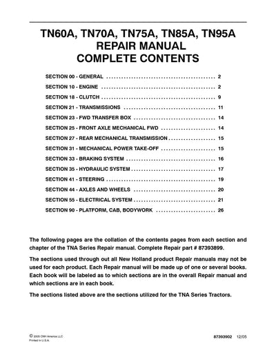 New Holland TN60A TN70A TN75A TN85A TN95A Tractor Service Repair Manual 87393899