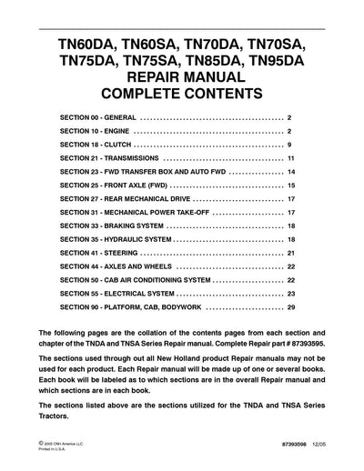 New Holland TN60DA TN60SA TN70DA TN70SA TN75DA TN75SA TN85DA TN95DA Tractor Service Repair Manual 87393595