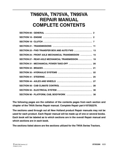 New Holland TN60VA TN75VA TN95VA Tractor Service Repair Manual 87382279