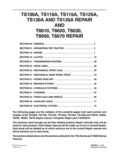 New Holland TS100A TS110A TS115A TS125A TS130A TS135A Tractor Service Repair Manual 87693272