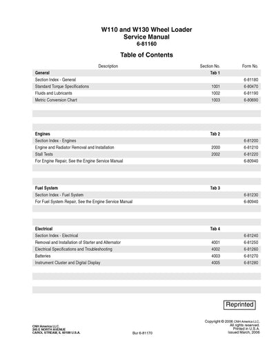 New Holland W110 and W130 Wheel Loader Service Repair Manual 6-81160NAR0