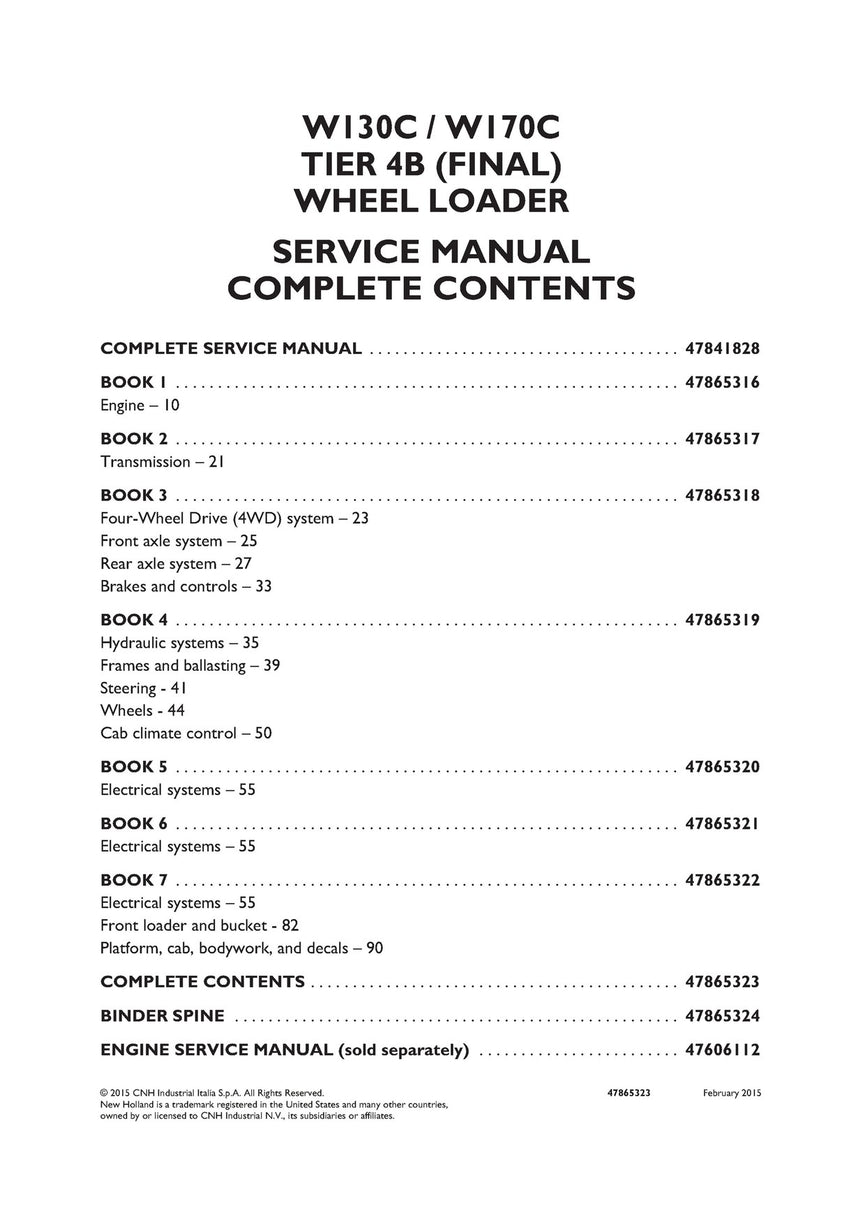 New Holland W130C, W170C Tier 4B (final) Wheel Loader Service Repair Manual 47865323