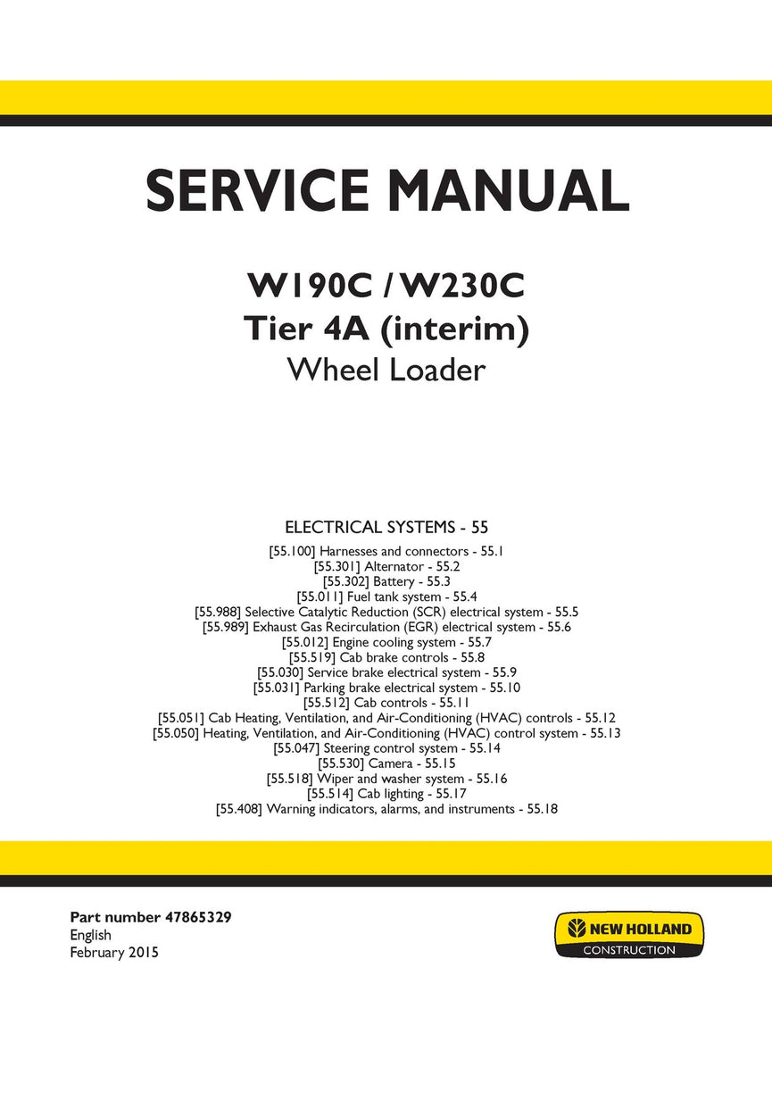 New Holland W190C, W230C Tier 4A (interim) Wheel Loader Service Repair Manual 47865329