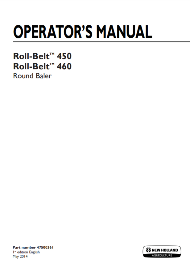 New Holland Roll-Belt 450, 460 Round Baler Operator's Manual