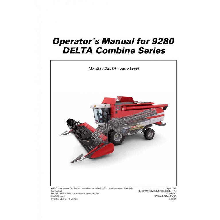 Massey Ferguson MF 9280 DELTA Combine Harvester Operator's Manual