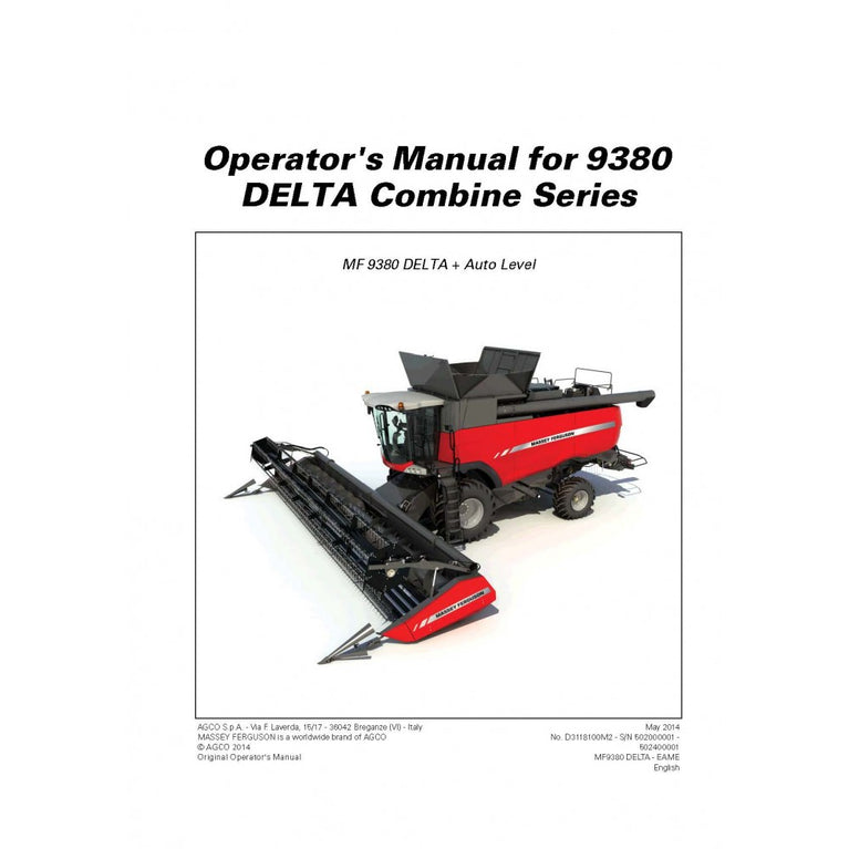 Massey Ferguson MF 9380 DELTA Combine Harvester Operator's Manual