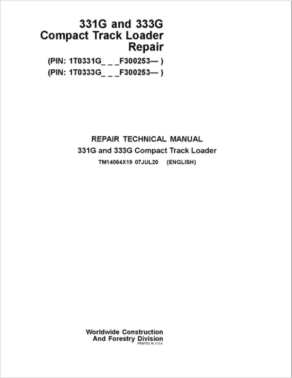 PDF John Deere 331G 333G Compact Track Loader Service Manual TM14064X19