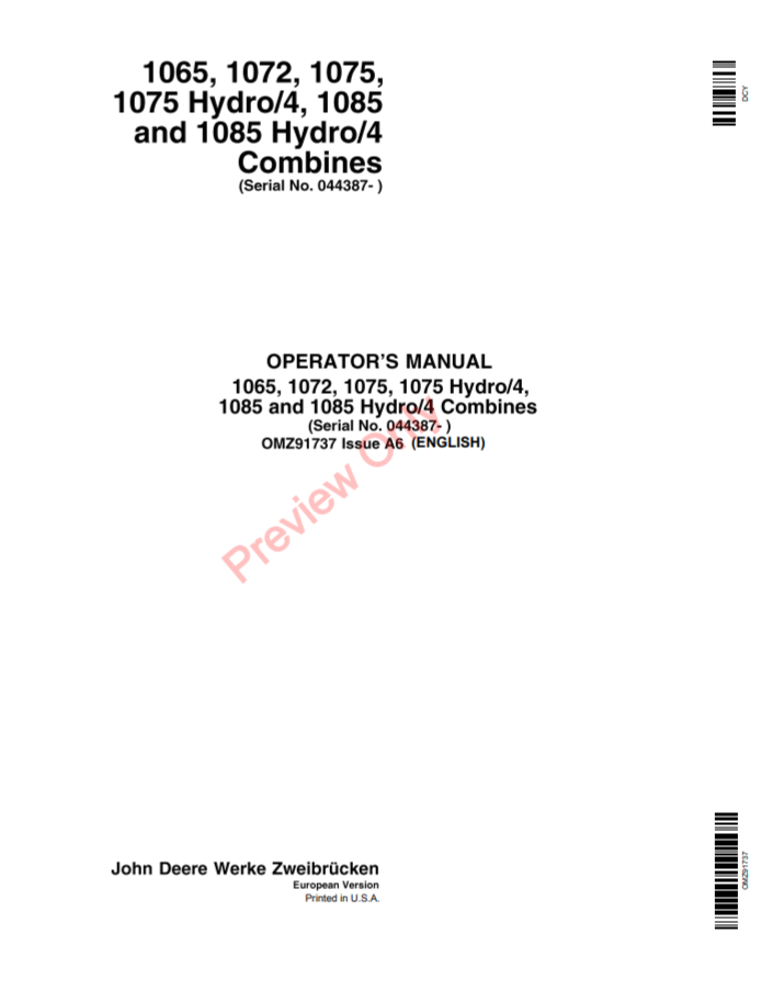 John Deere 1065, 1072, 1075, 1075 Hydro/4, 1085 and 1085 Hydro/4 Combine Operator's Manual OMZ91737