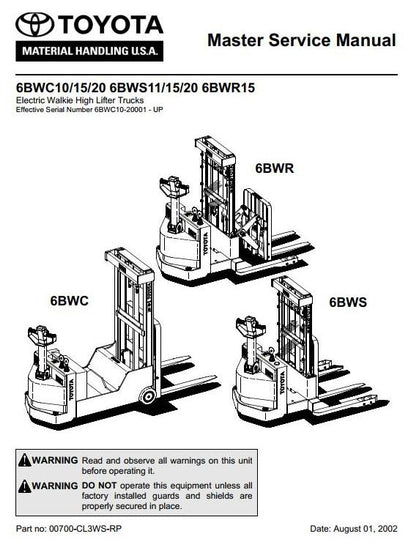 Toyota 6BWC10, 6BWC15, 6BWC20, 6BWS11, 6BWS15, 6BWS20, 6BWR15 Electric Truck Workshop Service Repair Manual