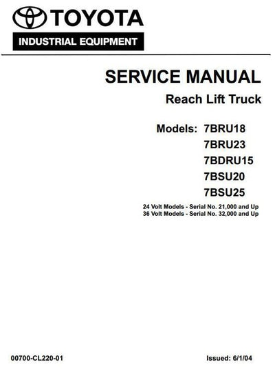 Toyota 7BDRU15, 7BRU18, 7BRU23, 7BSU20, 7BSU25 Reach Truck Workshop Service Repair Manual (CL220-01)