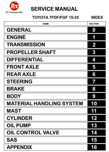 Toyota (BT) 7FDF15, 7FDF18, 7FDF20, 7FDF25, 7FDF30, 7FDJ35 Diesel Forklift Truck Service Repair Manual