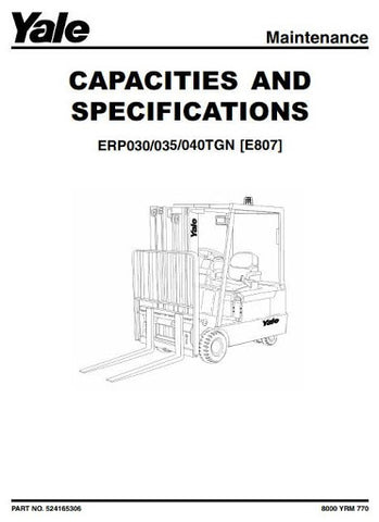 Yale ERP030TGN, ERP035TGN, ERP040TGN Electric Forklift Truck E807 Series Workshop Service Repair Manual