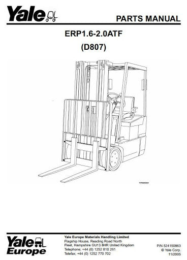 Yale ERP1.6ATF, ERP1.8ATF, ERP2.0ATF Electric Forklift Truck D807 Series Parts Manual (Europe)