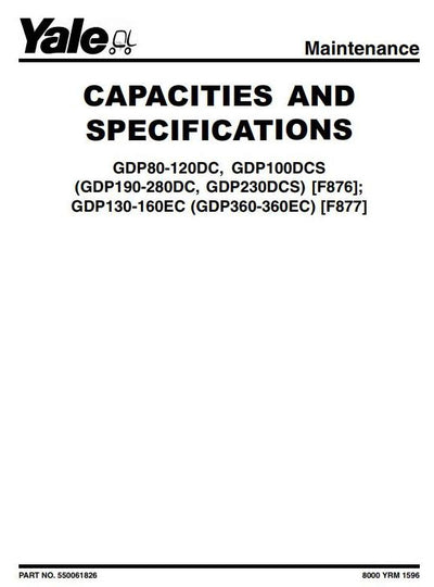 Yale GDP130EC, GDP140EC, GDP160EC Diesel Forklift Truck F877 Series Service Repair Manual (Europe)