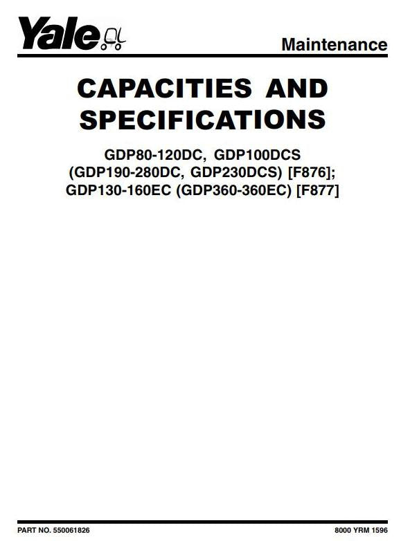 Yale GDP130EC, GDP140EC, GDP160EC Diesel Forklift Truck F877 Series Service Repair Manual (Europe)