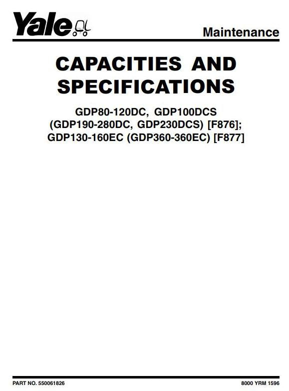 Yale GDP80DC, GDP90DC, GDP100DC, GDP120 DC Diesel Forklift Truck F876 Series Service Repair Manual (Europe)