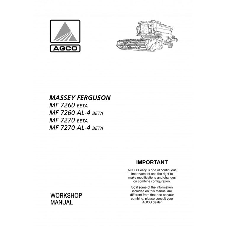 Massey Ferguson MF 7260, 7270 BETA Combine Harvester Workshop Service Repair Manual