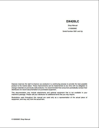 2008 Doosan DX420LC Crawled Excavator Workshop Service Repair Manual